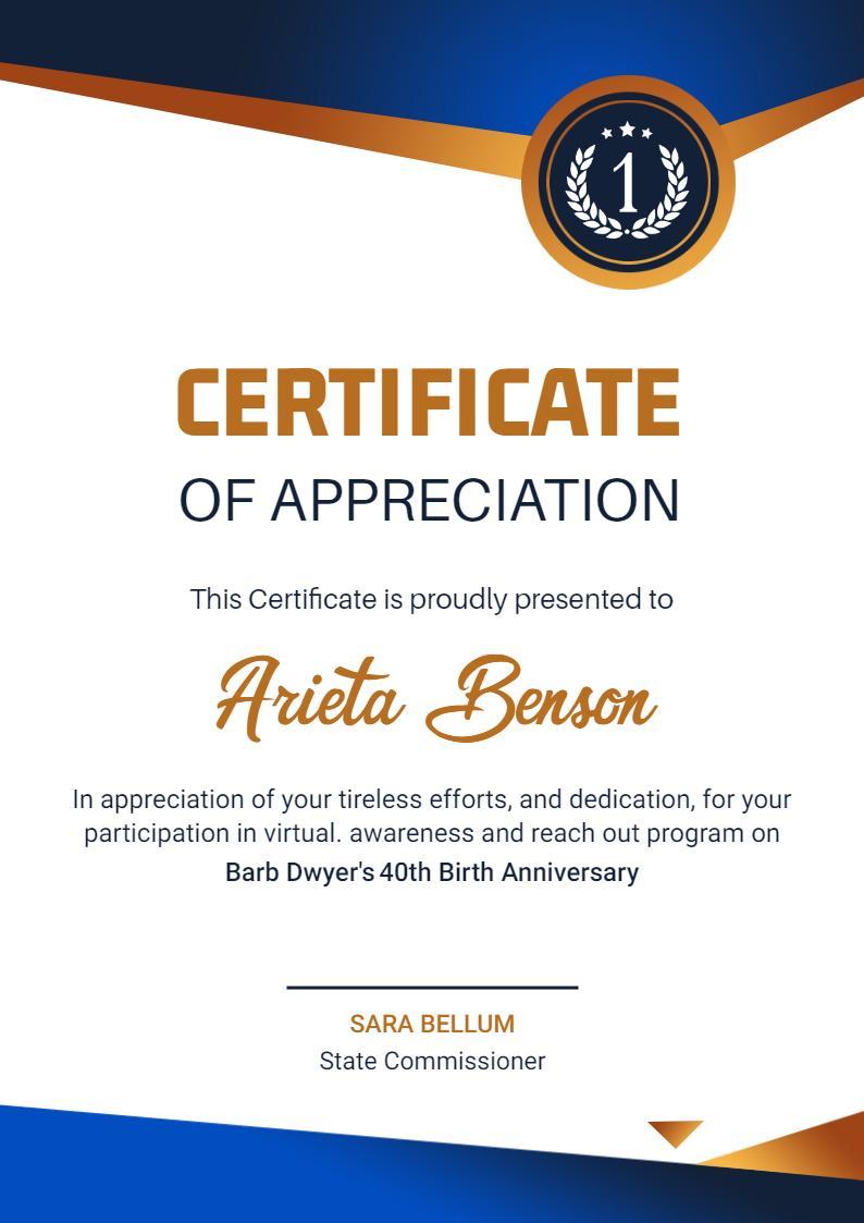 Modern Blue and Gold Appreciation Participation Certificate Template