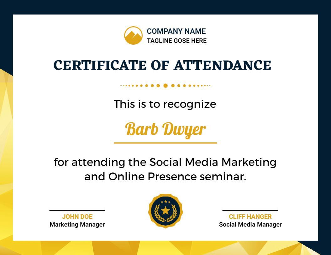 Modern Blue and Gold Social Media Seminar Attendance Certificate Template