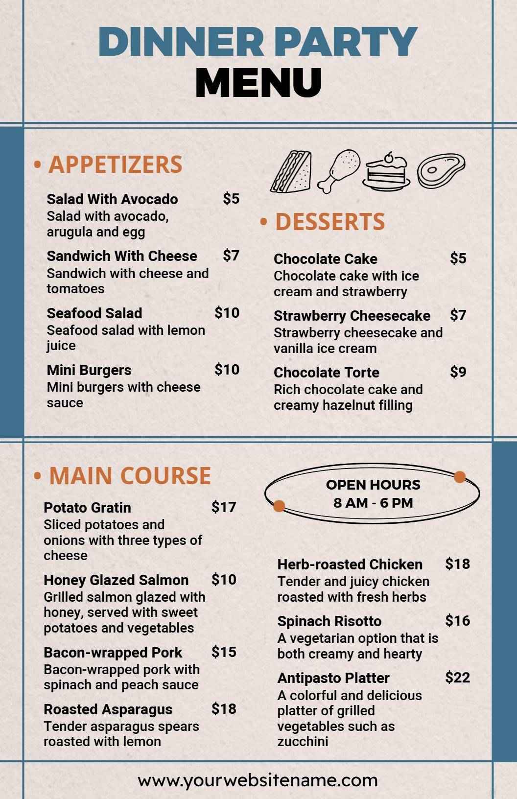 Modern Blue and Orange Dinner Party Event Menu Template