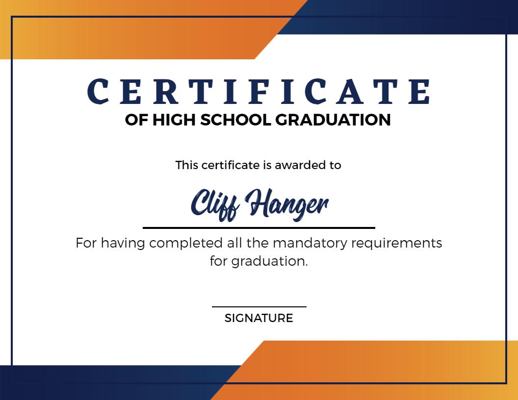 Modern Blue and Orange High School Graduation Certificate Template