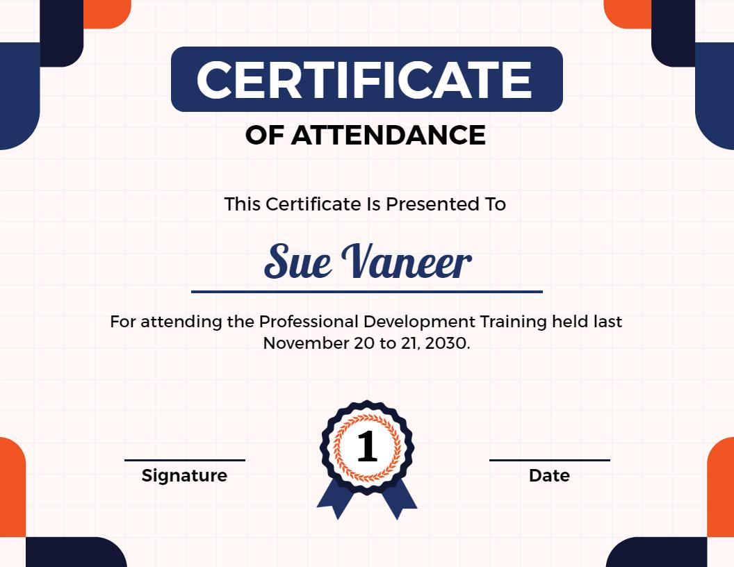 Modern Blue and Orange Professional Attendance Training Certificate Template