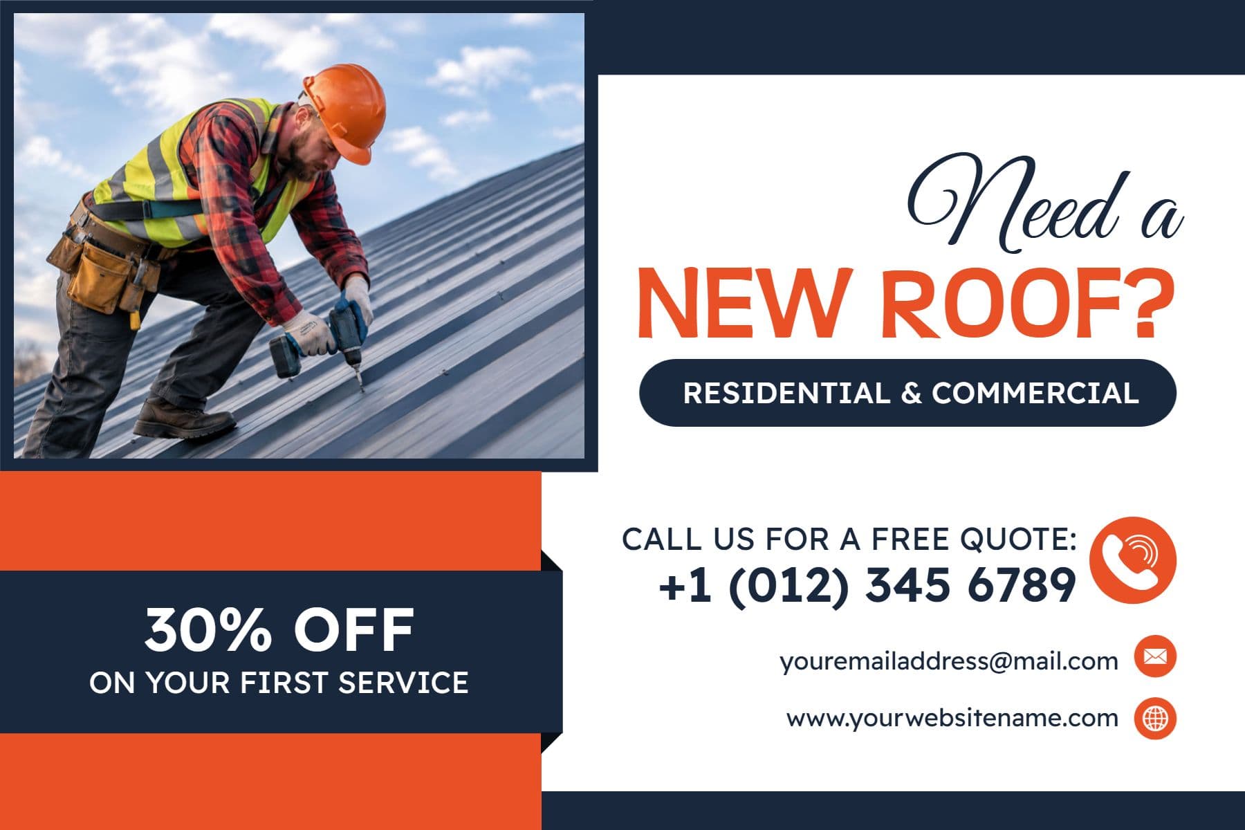 Modern Blue and Orange Roofing Services Promotion Postcard Template