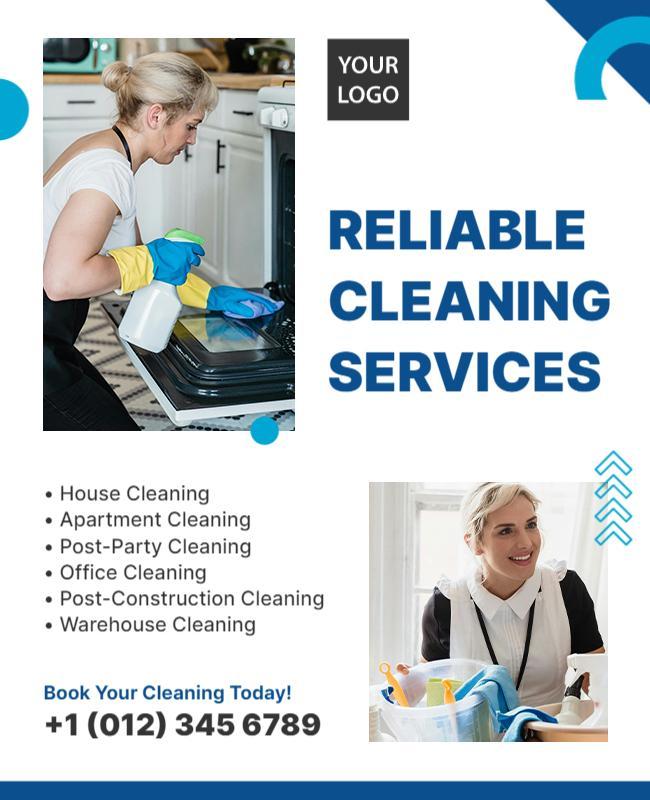 Modern Blue and White Reliable Cleaning Services Poster Template