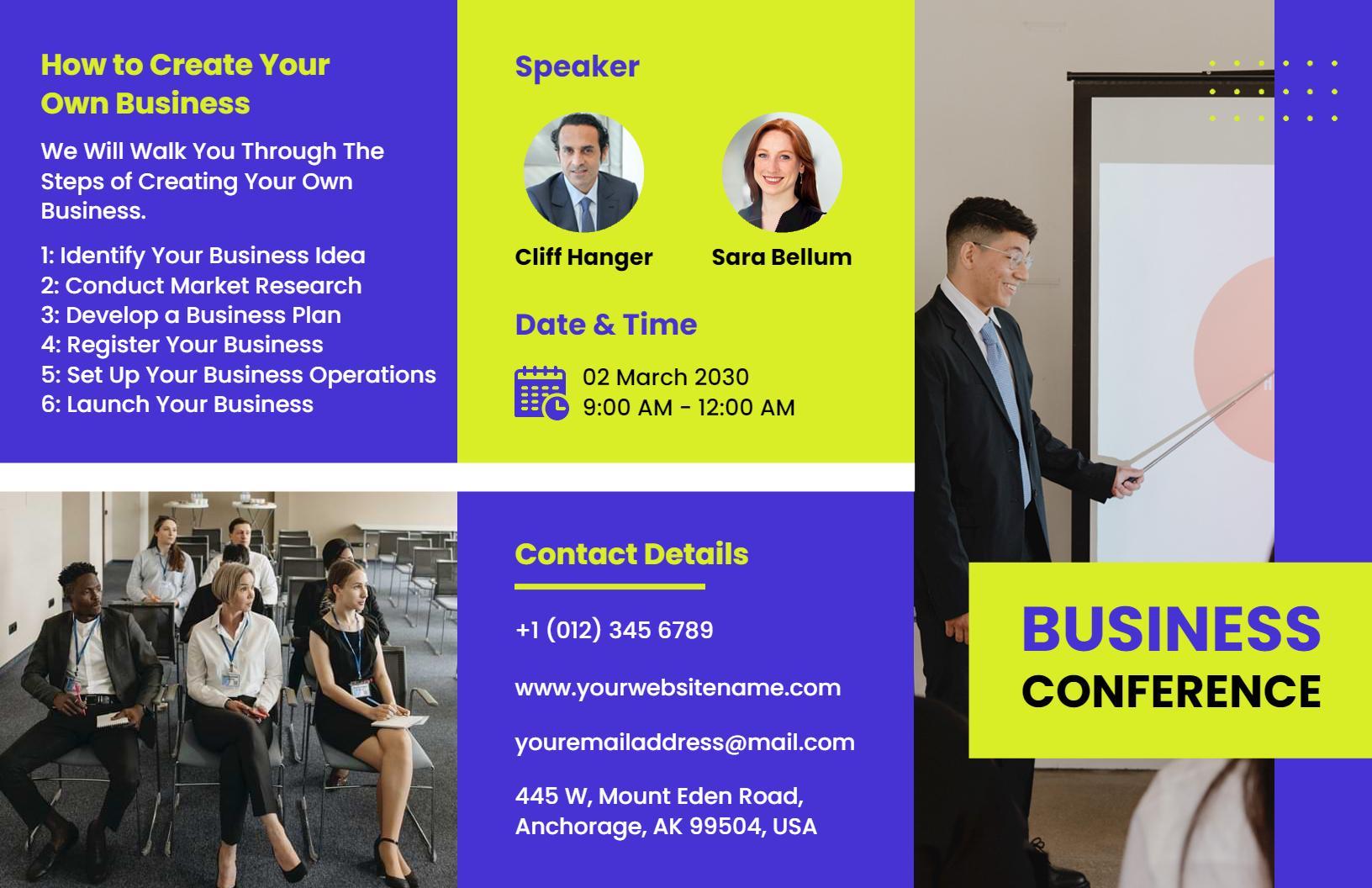 Modern Blue and Yellow Business Conference Invitation Brochure Template