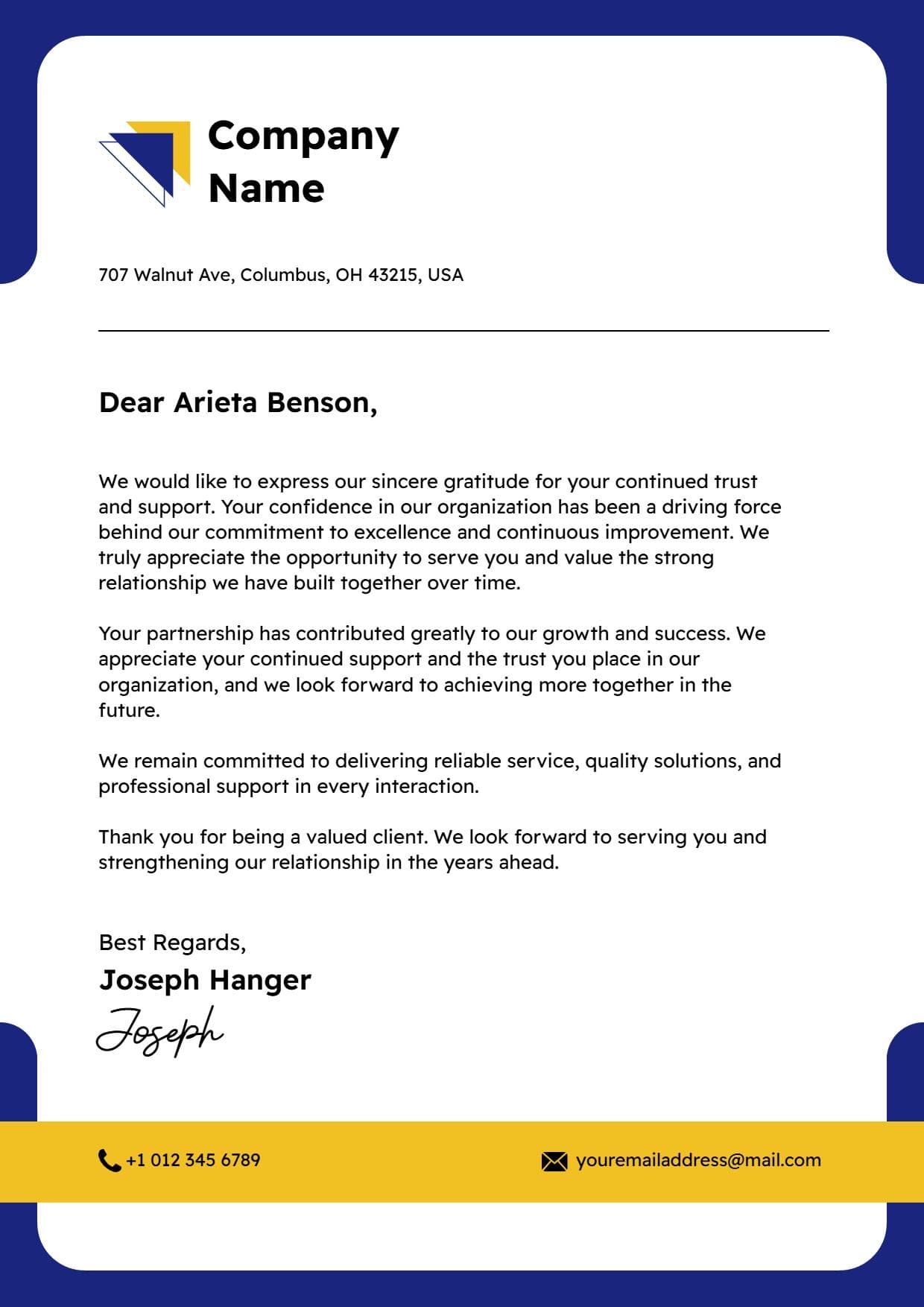 Modern Blue and Yellow Corporate Communication Letterhead Template