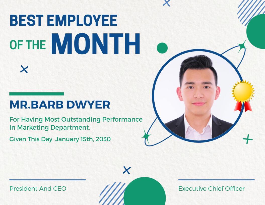 Modern Blue Award for Best Employee of the Month Certificate Template