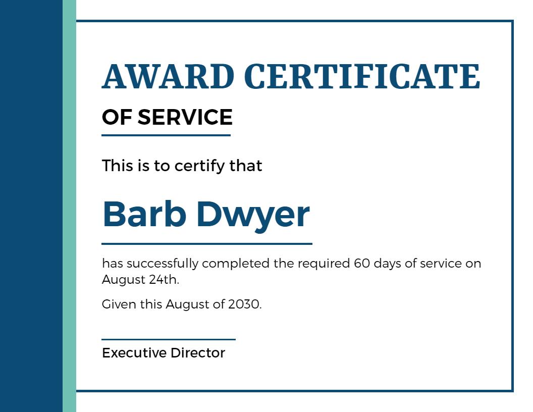 Modern Blue Award of Service Completion Certificate Template