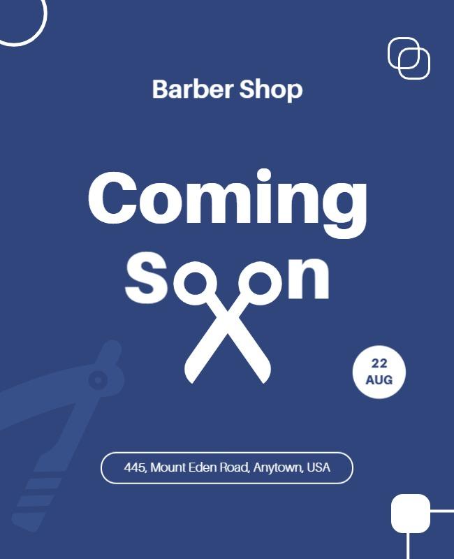 Modern Blue Barber Shop Coming Soon Announcement Poster Template