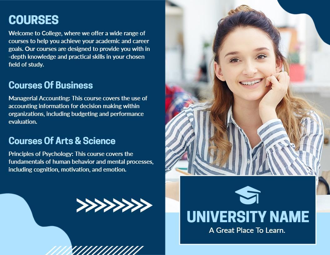 Modern Blue College Course and Admission Information Brochure Template