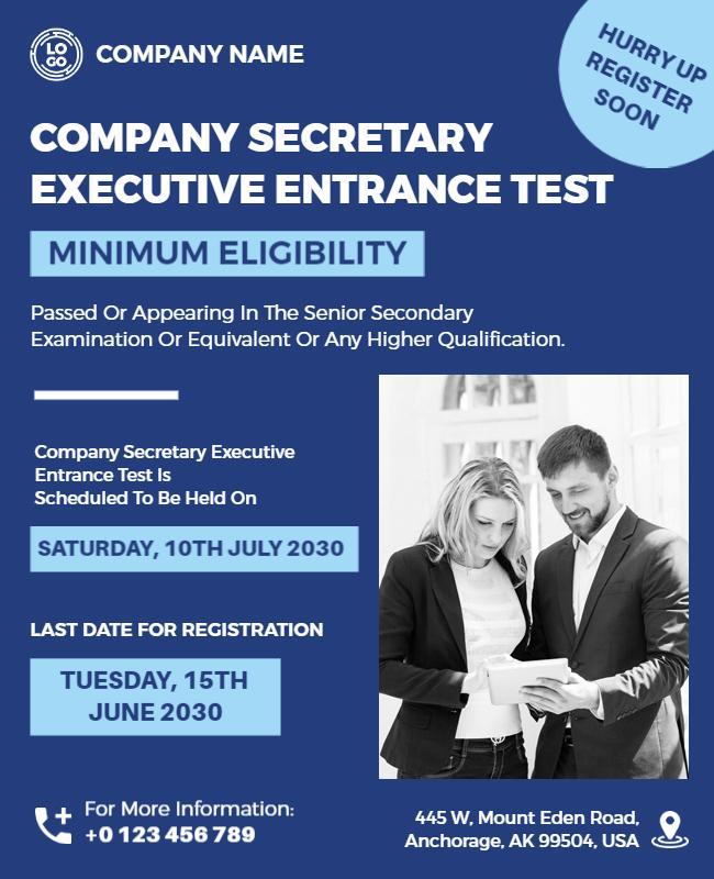 Modern Blue Company Secretary Executive Test Registration Poster Template