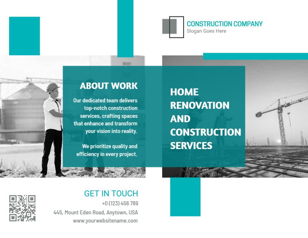 Modern Blue Construction Company Renovation Services Brochure Template