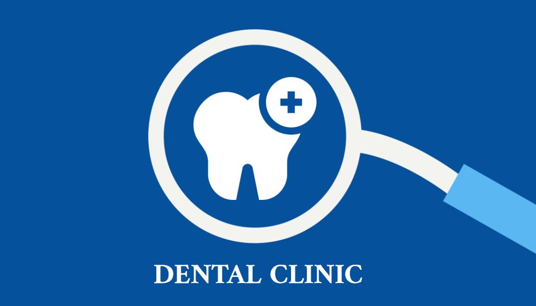 Modern Blue Dental Clinic Logo with Tooth Magnifier Business Card Template