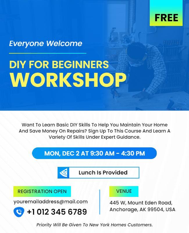 Modern Blue DIY Skills Workshop for Beginners Poster Template