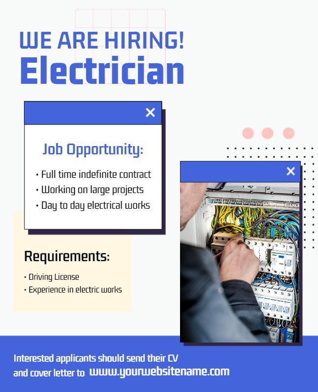 Modern Blue Electrician Job Hiring Announcement Poster Template