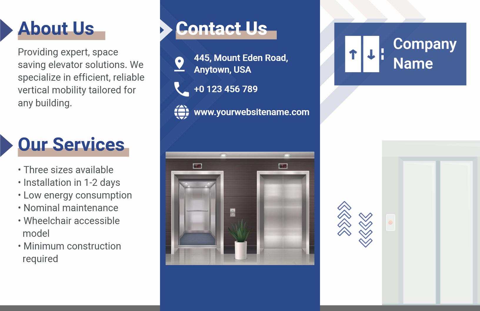 Modern Blue Elevator Solutions Features and Services Tri Fold Brochure Template