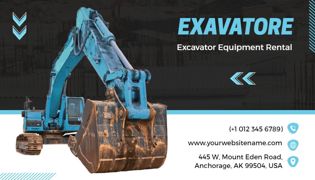 Modern Blue Excavator Equipment Rental Business Card Template