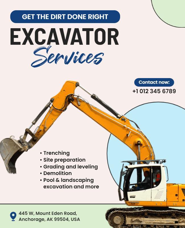 Modern Blue Excavator Services for Construction Projects Poster Template