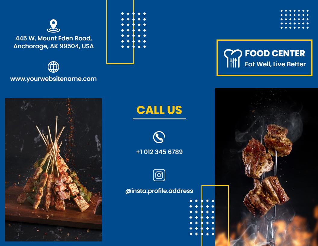 Modern Blue Food Center Menu and Call to Action Brochure Template