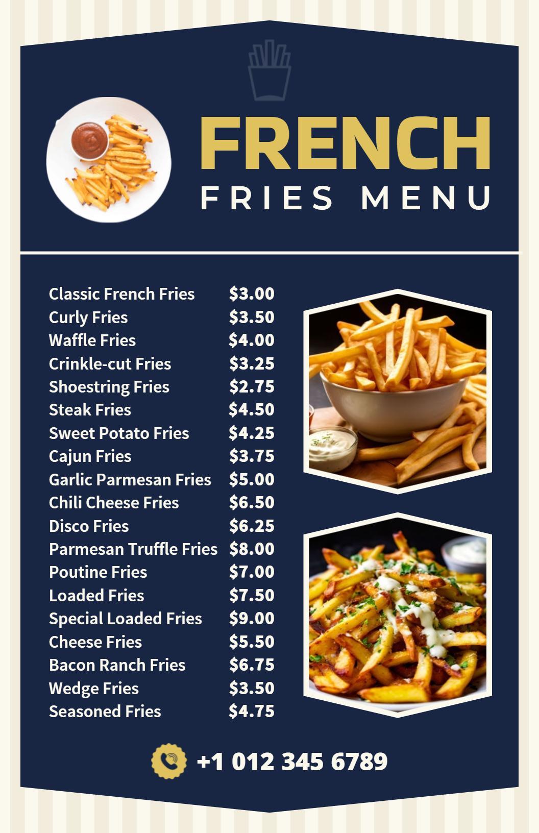 Modern Blue French Fry Selection Menu Template