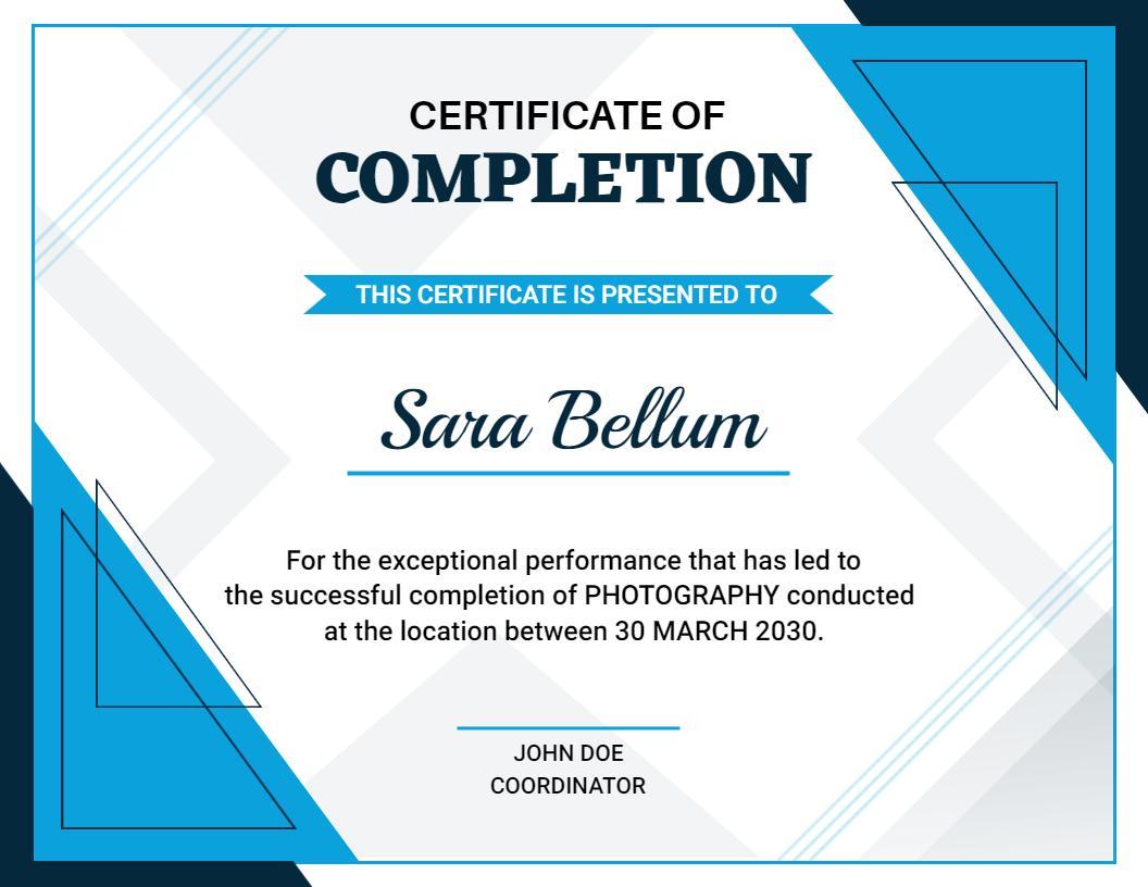 Modern Blue Geometric Photography Completion Certificate Template