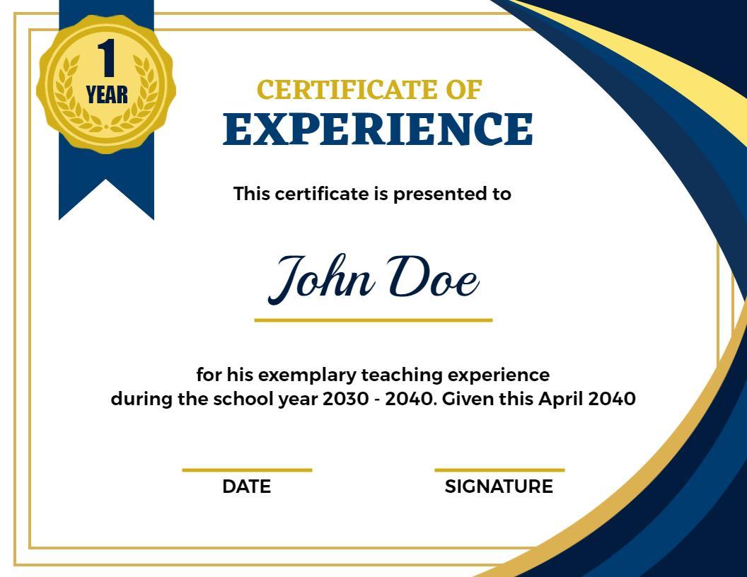 Modern Blue Gold Design for Teaching Experience Certificate Template