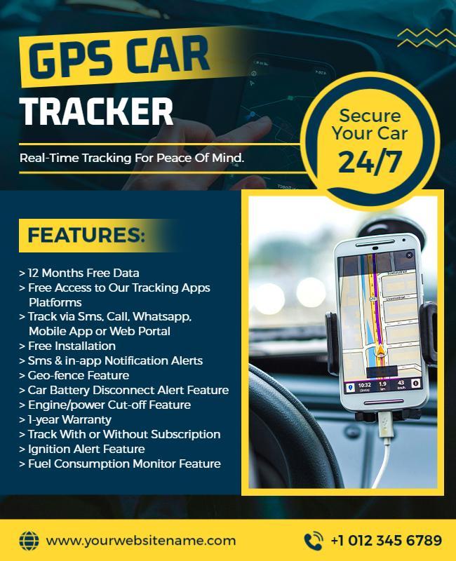 Modern Blue GPS Car Tracker Safety Features Poster Template