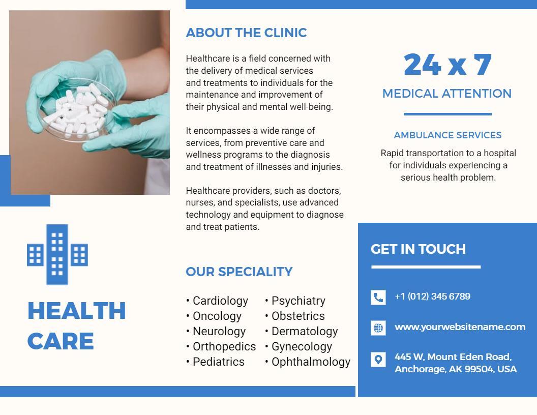 Modern Blue Healthcare Services and 24x7 Medical Assistance Brochure Template