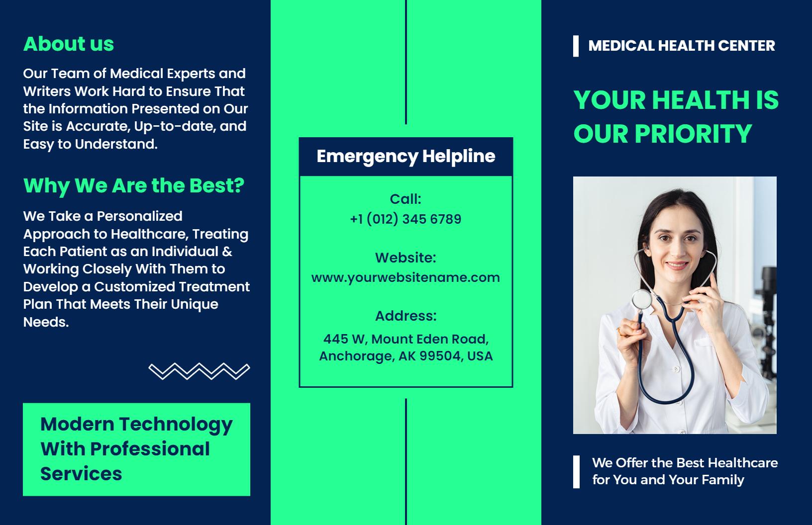 Modern Blue HealthCare Services and Emergency Helpline Brochure Template