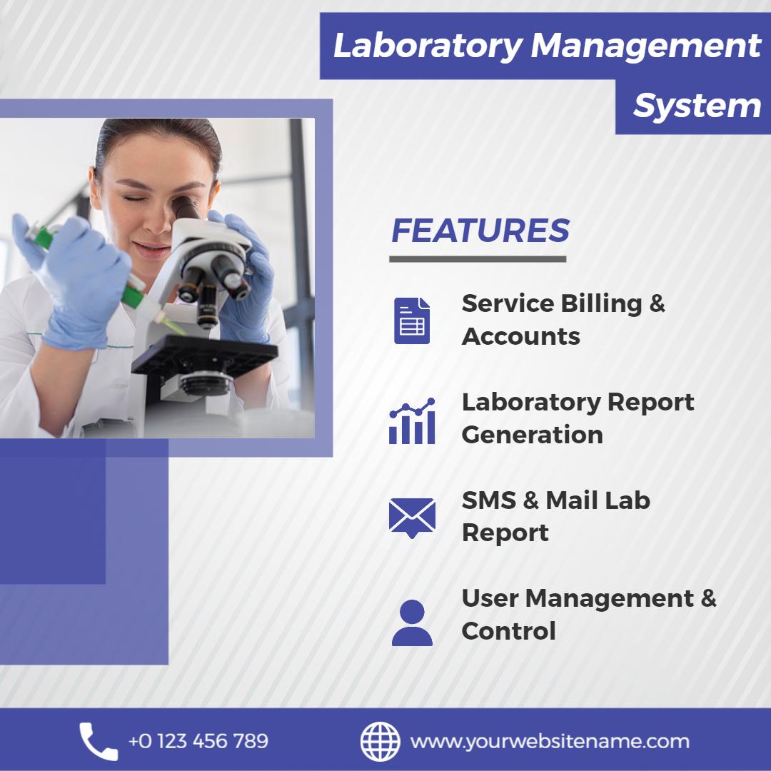 Modern Blue Laboratory Management System Features Ad Template