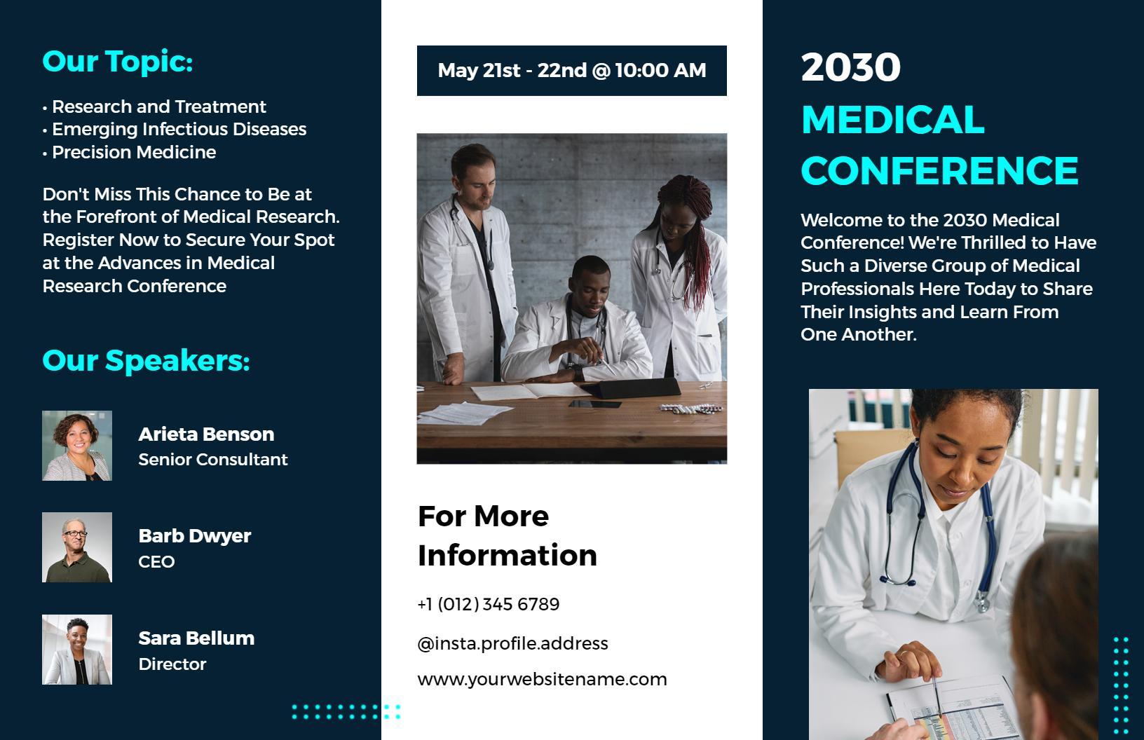 Modern Blue Medical Research Conference Invitation Brochure Template