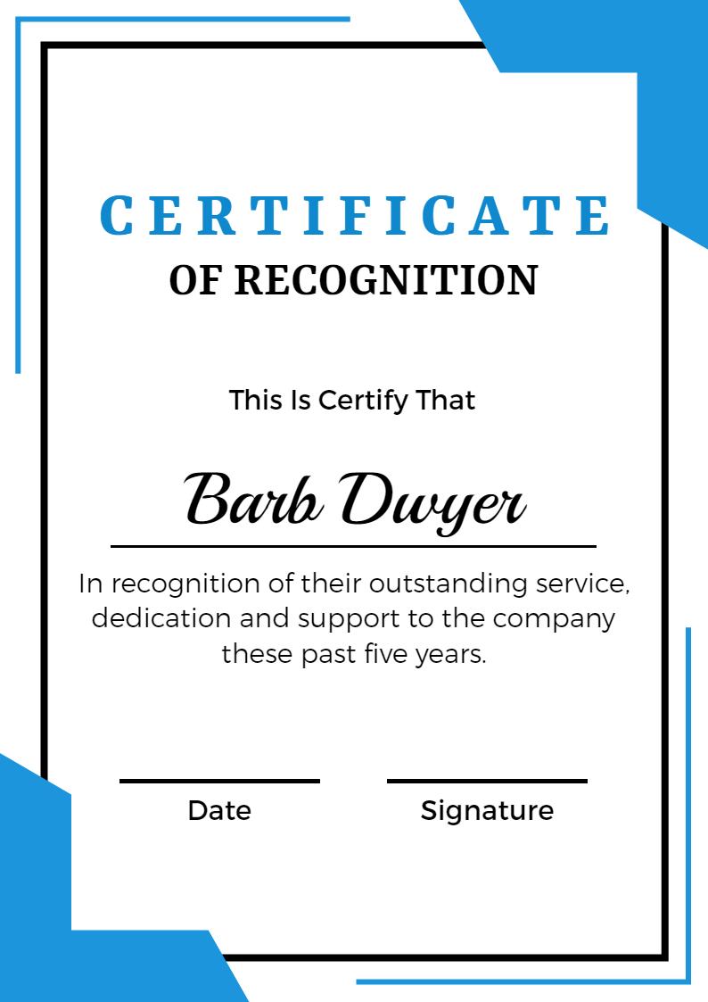 Modern Blue Minimalist Service Recognition Certificate Template