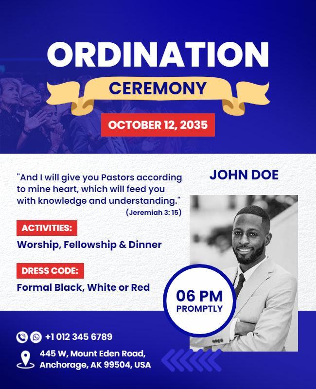 Modern Blue Ordination Ceremony Invitation Poster Template