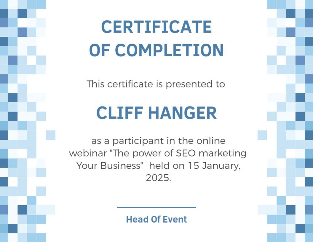 Modern Blue Pixelated Online Workshop Completion Certificate Template