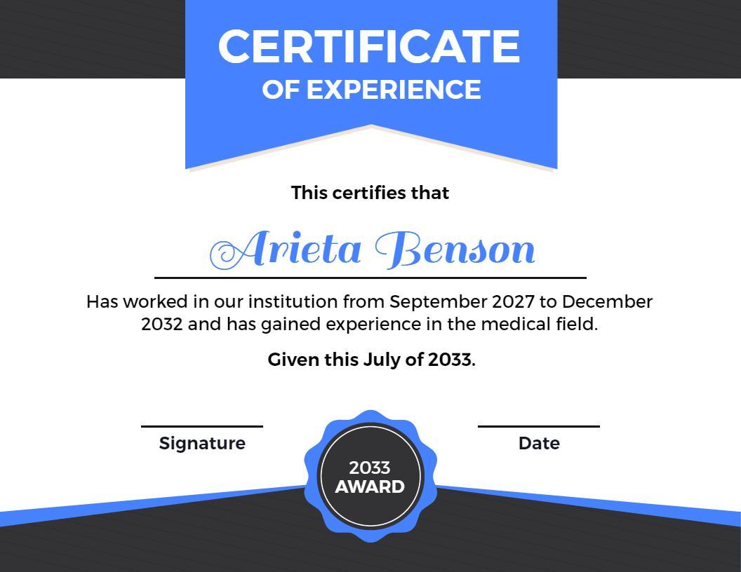 Modern Blue Professional Experience Certificate Template