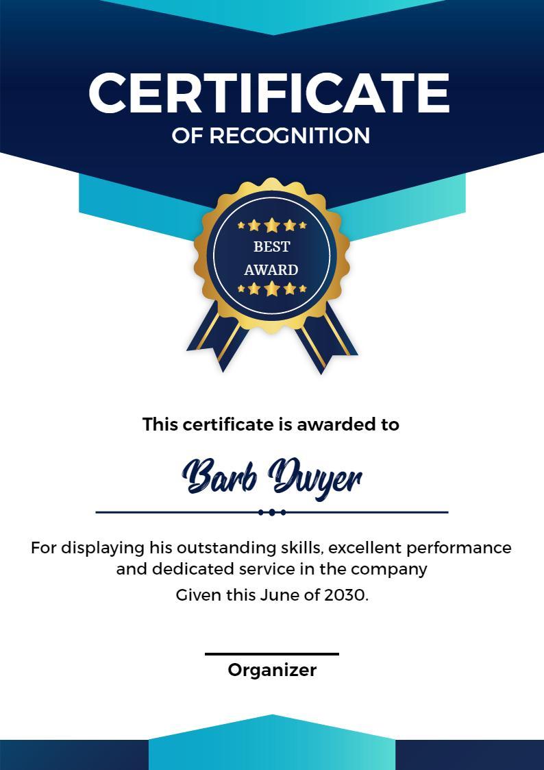 Modern Blue Professional Recognition Award Certificate Template