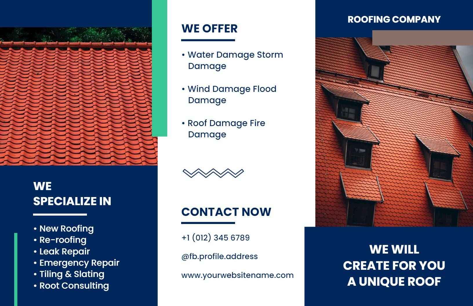 Modern Blue Roofing Services Damage Repair Brochure Template