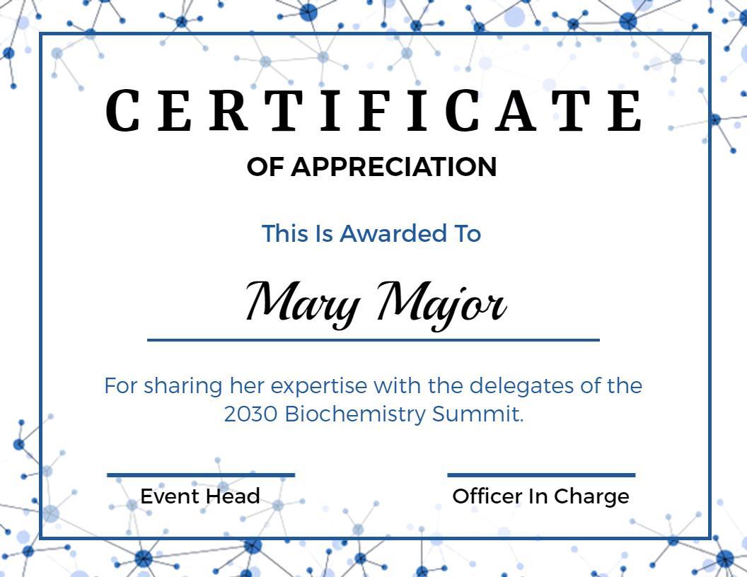 Modern Blue Scientific Contribution Appreciation Certificate Template