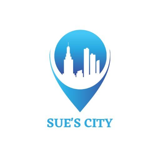Modern Blue Skyline with Geolocation Pin for City Logo Template