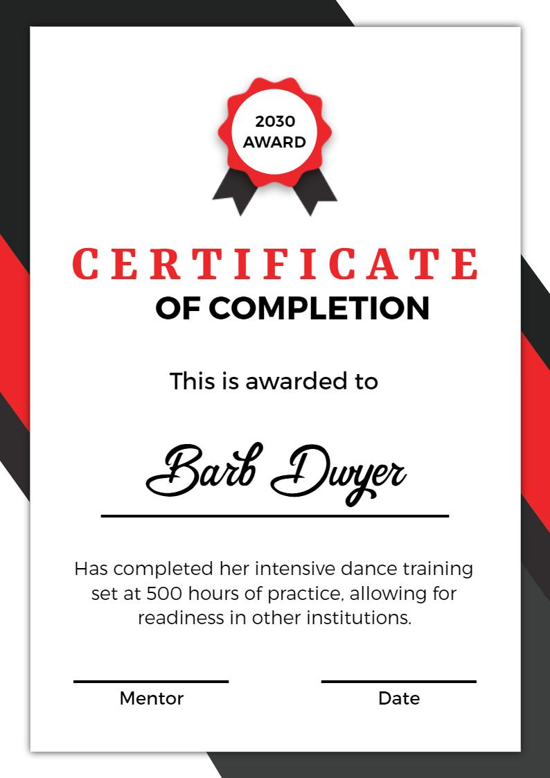 Modern Bold Red and Black Dance Training Completion Certificate Template