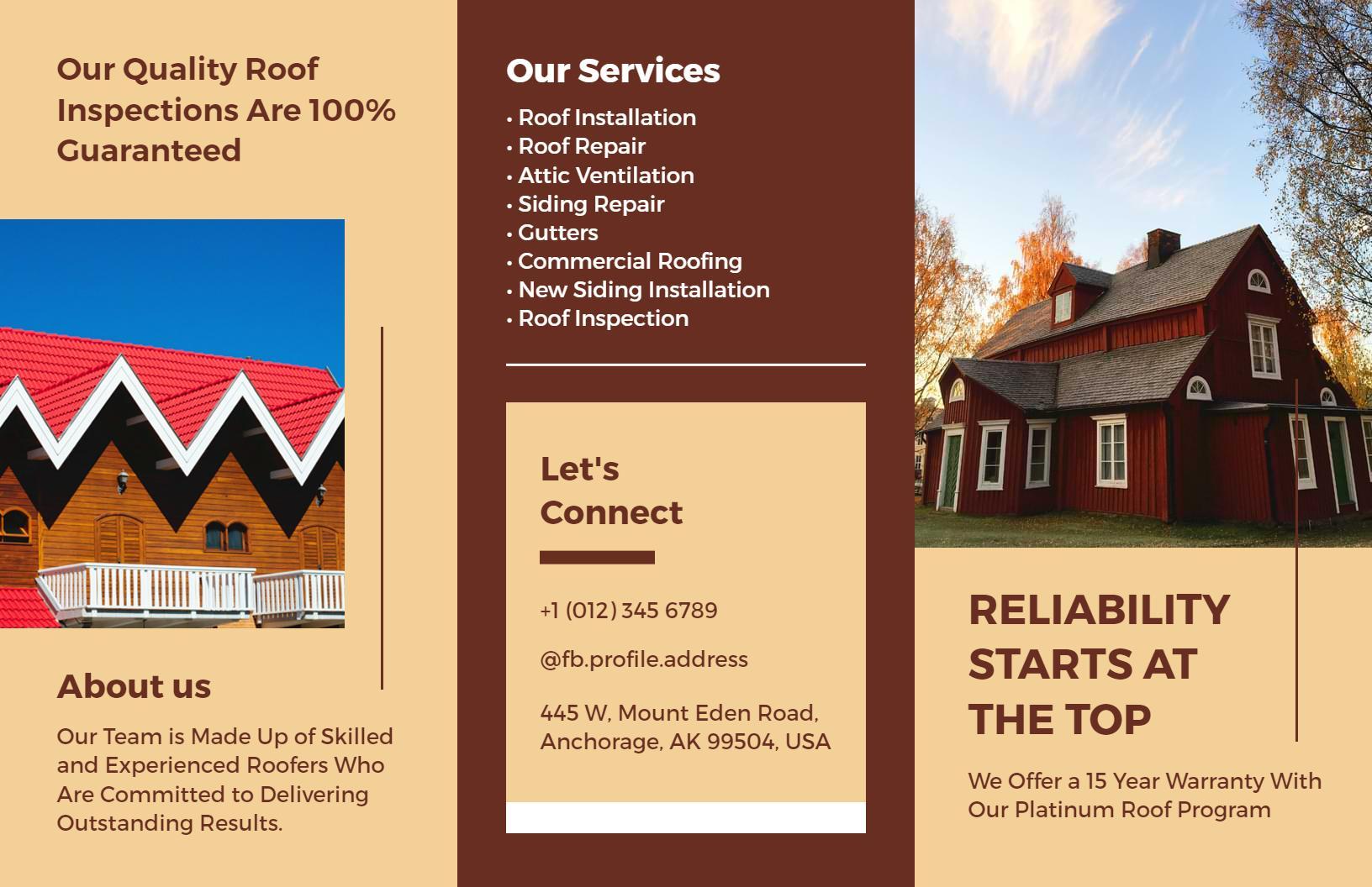 Modern Brown and Blue Roofing Services Installation Brochure Template
