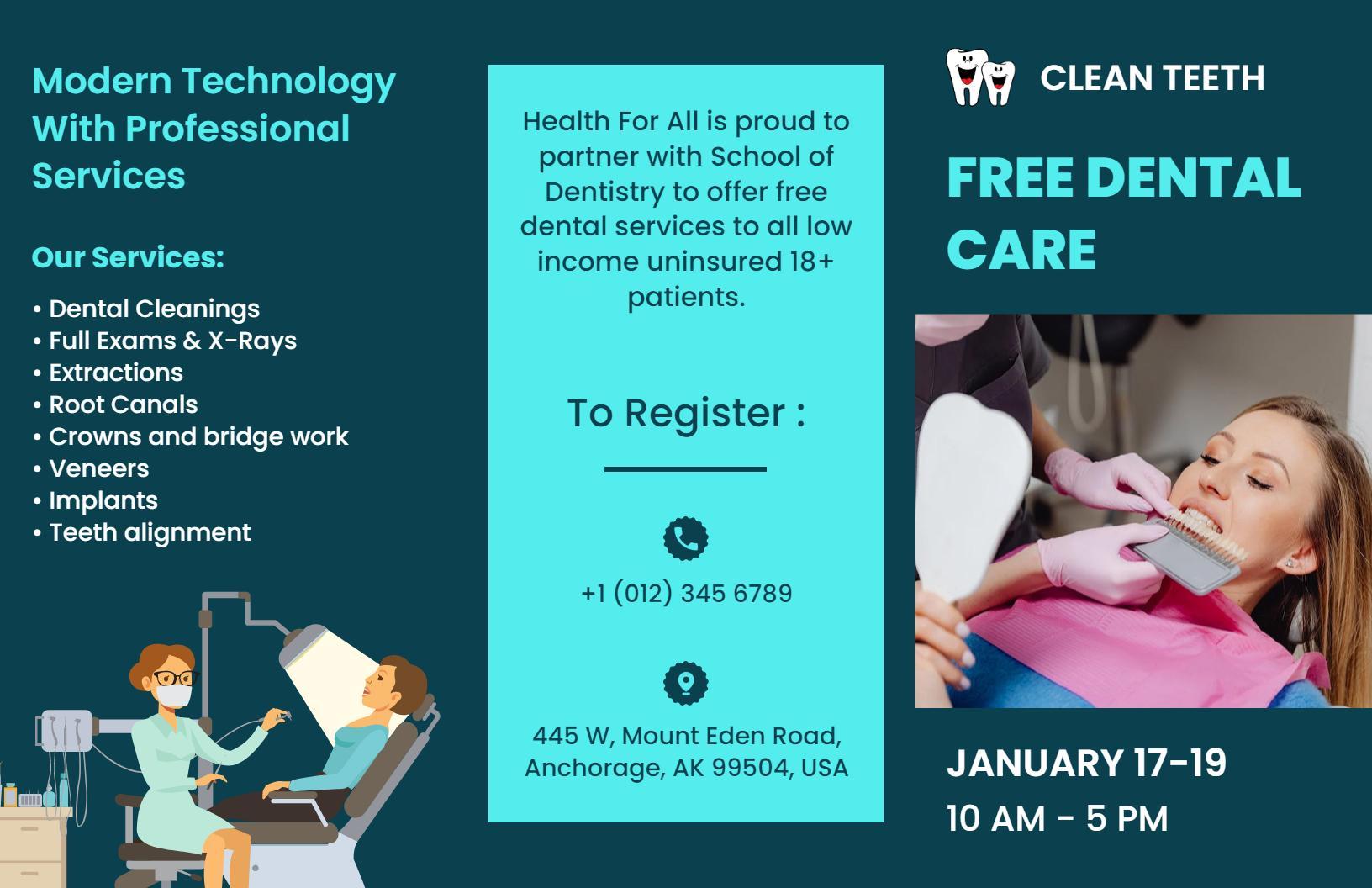 Modern Clean Dental Care Free Services Registration Brochure Template