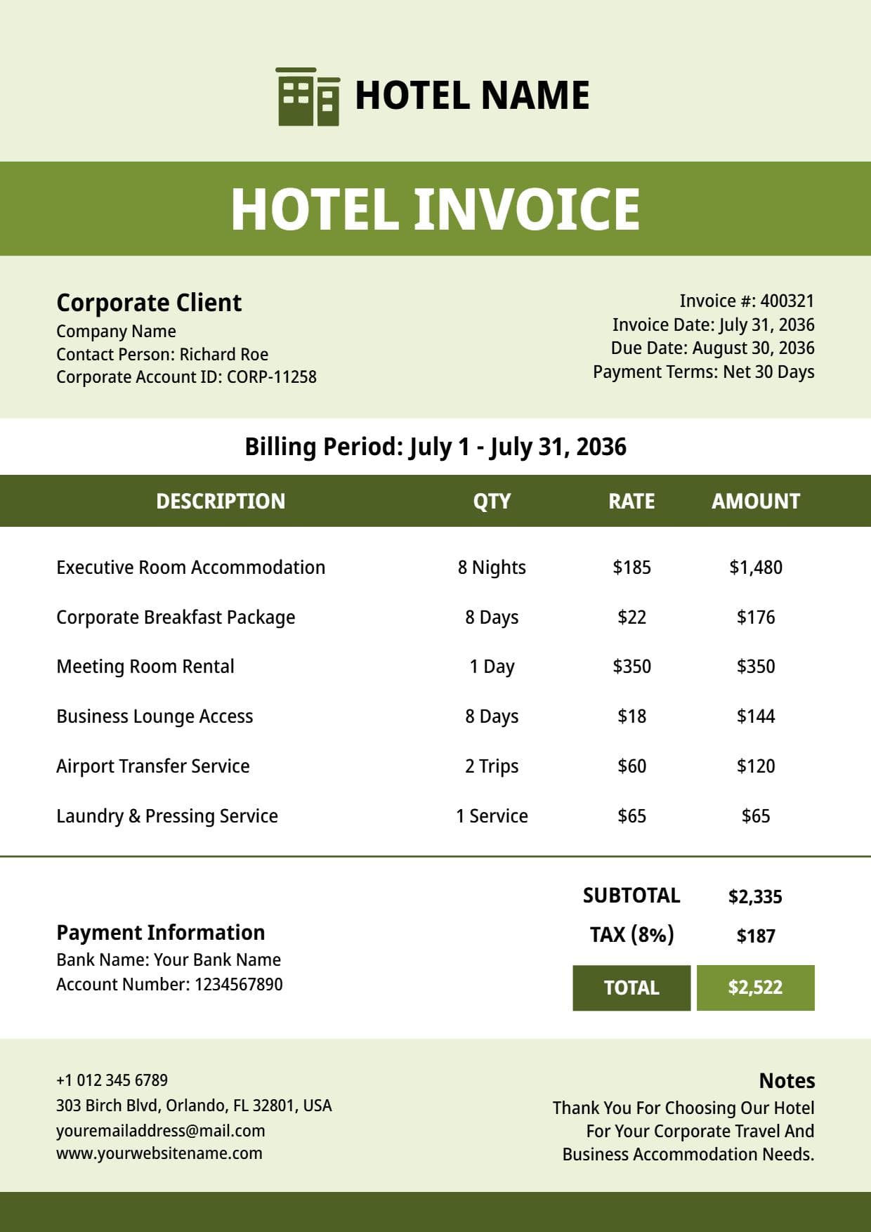 Modern Corporate Hotel Billing with Itemized Accommodation Invoice Template