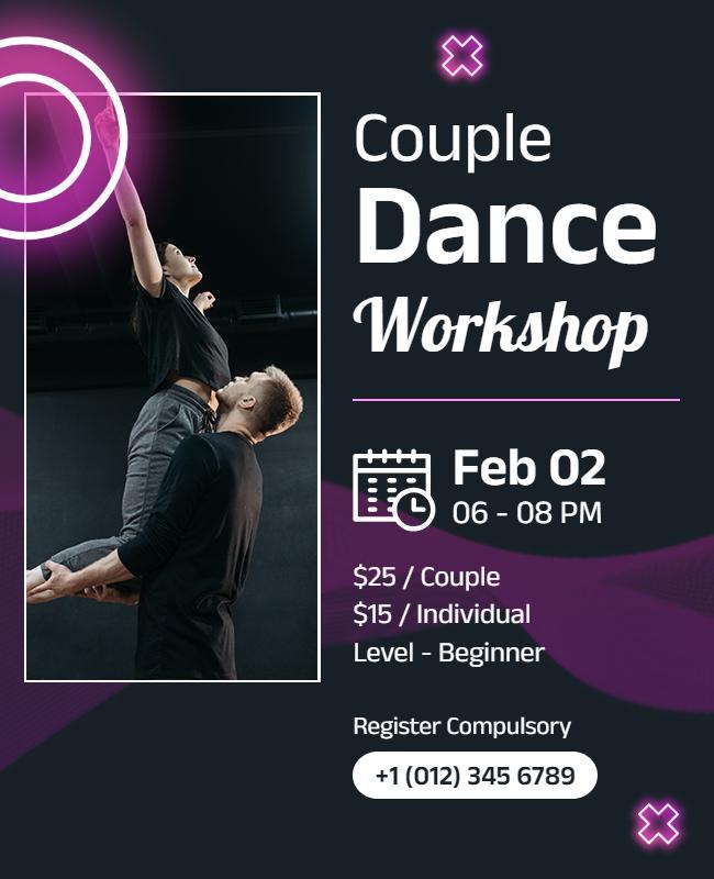 Modern Couple Dance Workshop with Dynamic Purple Accents Poster Template