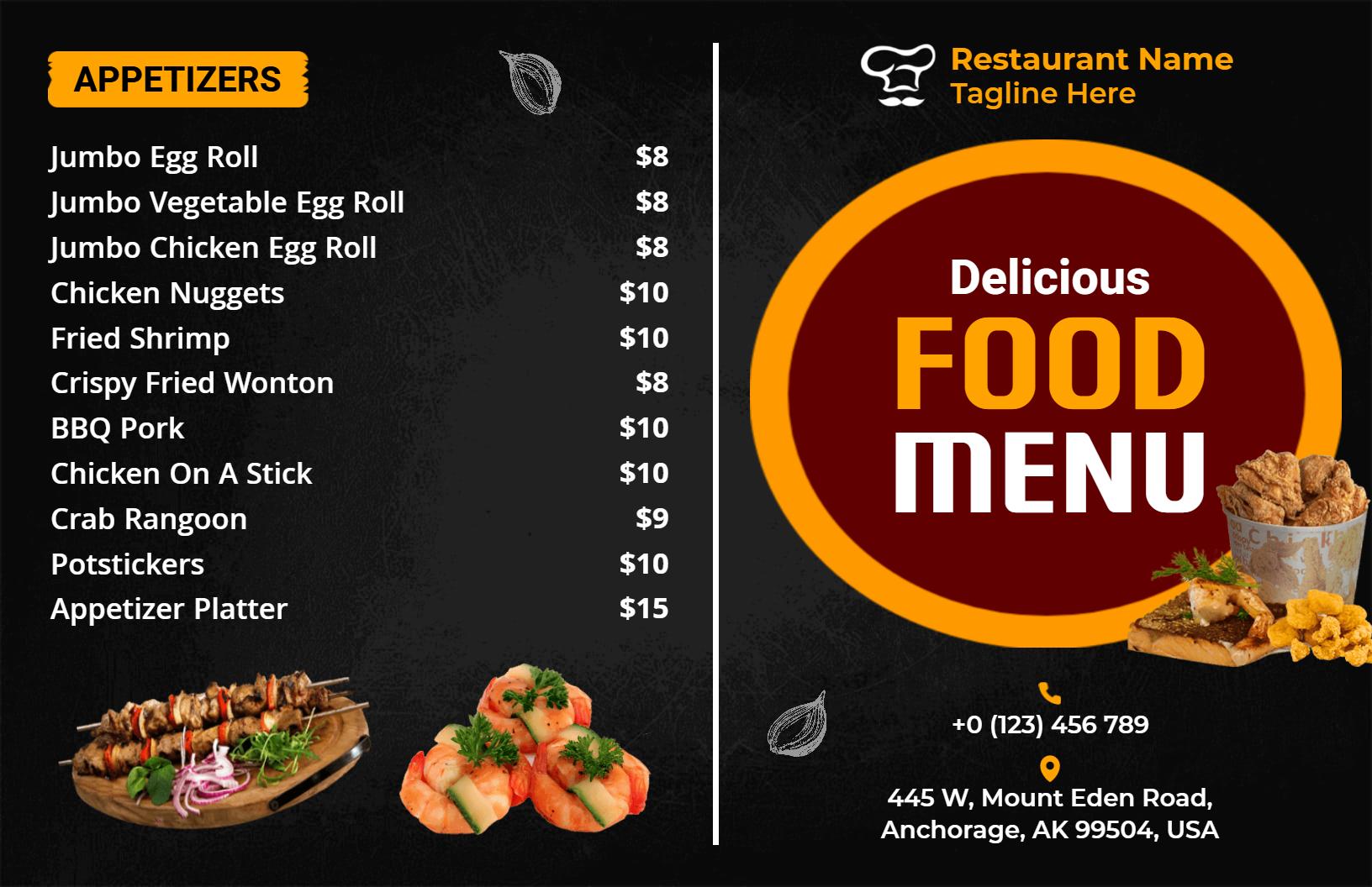 Modern Dark Style Restaurant Appetizer Menu Template