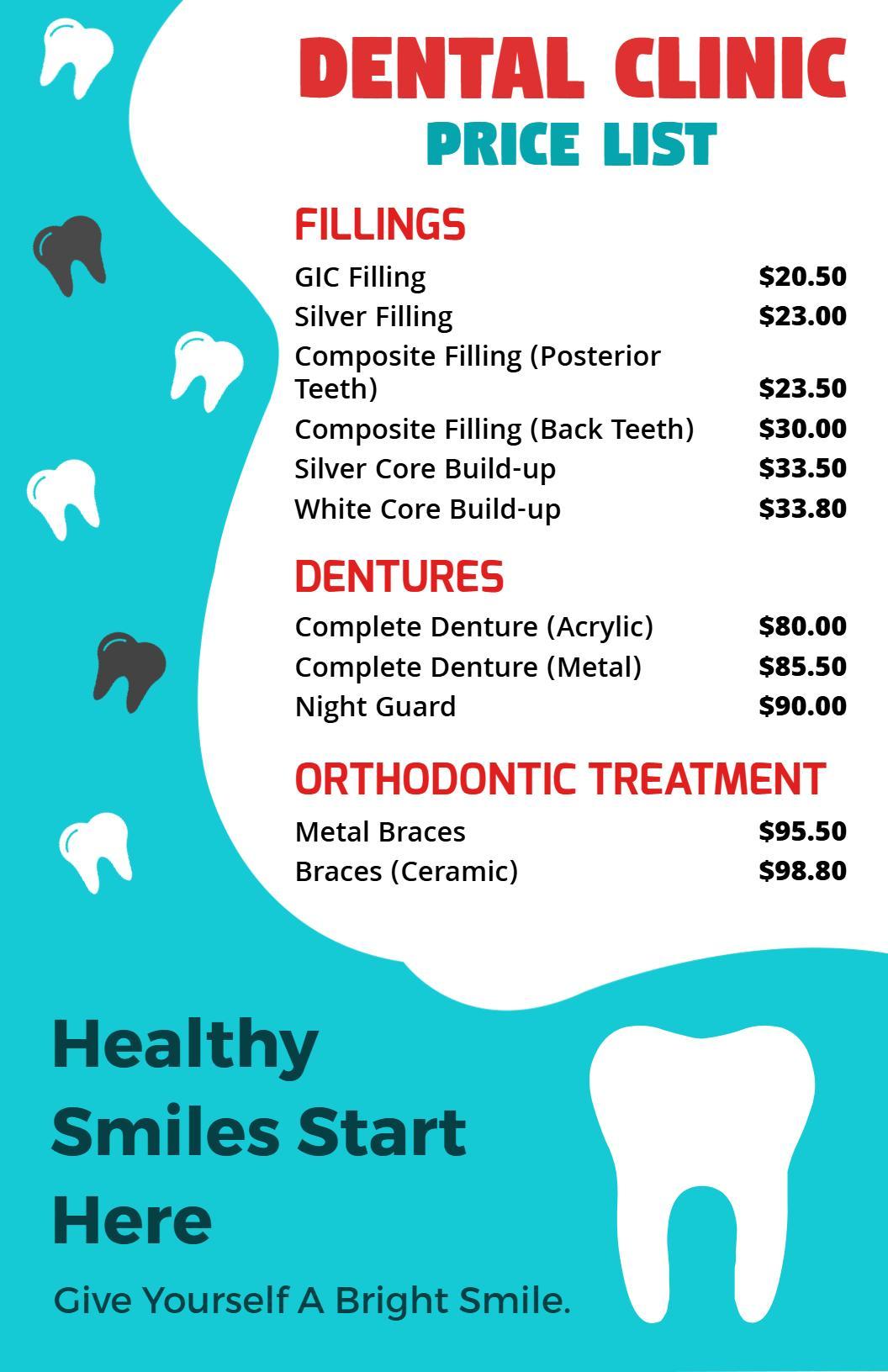 Modern Dental Clinic Bright Teal Price List Template