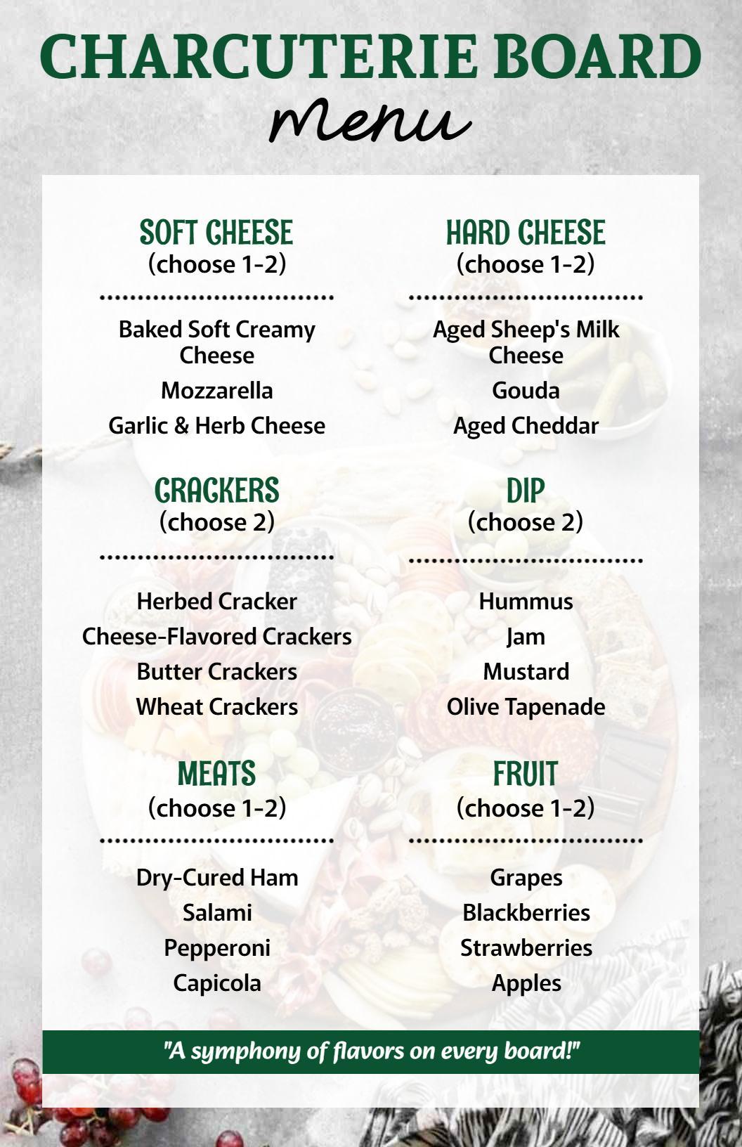 Modern Food Selection Charcuterie Board Menu Template