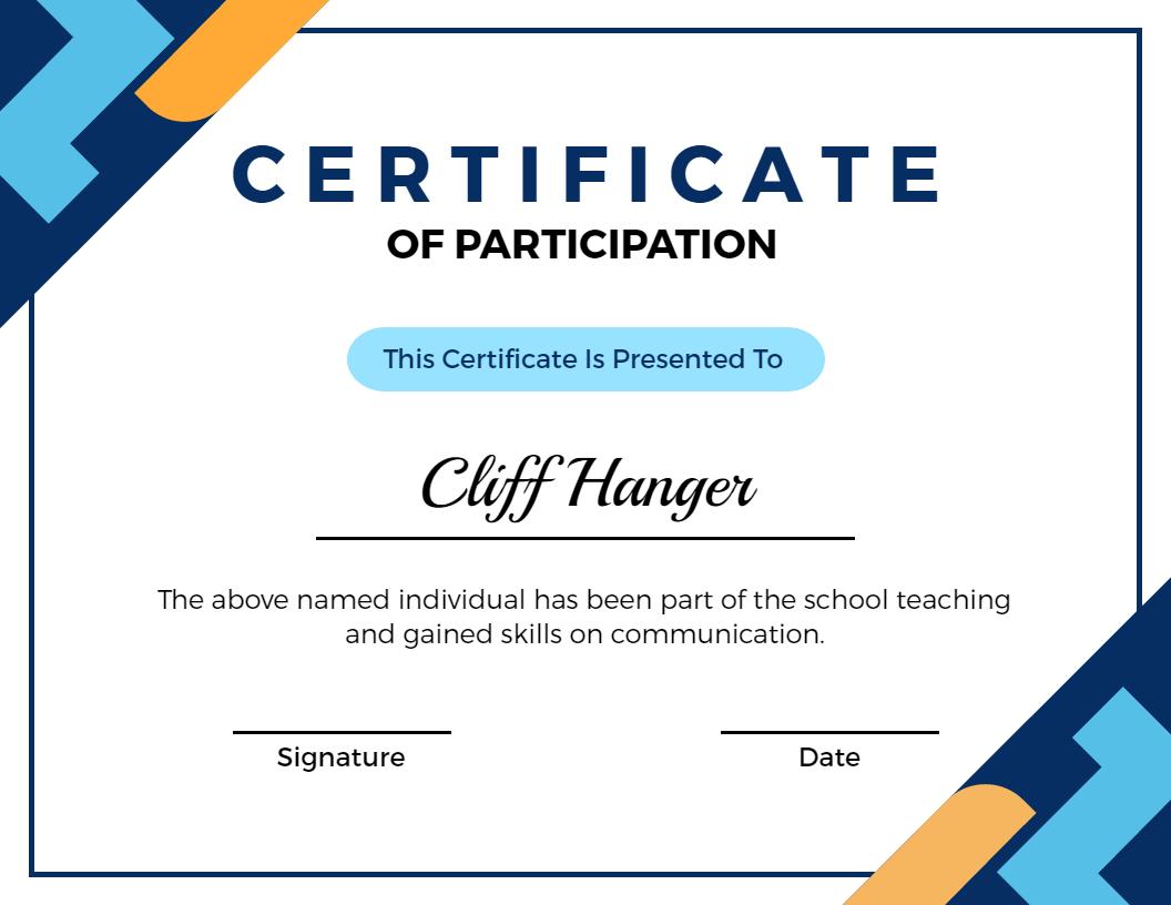 Modern Geometric Blue and Orange Participation Certificate Template