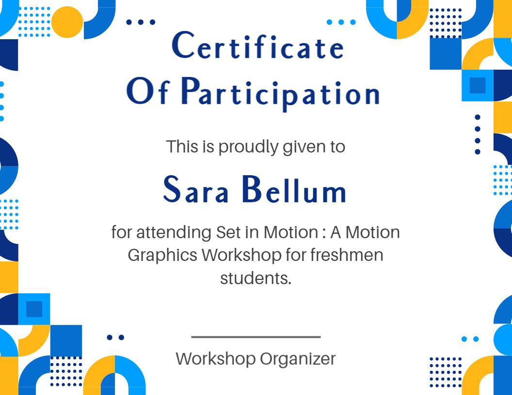 Modern Geometric Blue and Yellow Motion Graphics Workshop Certificate Template