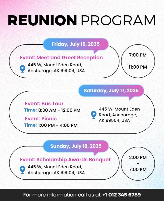 Modern Gradient Reunion Event Schedule Poster Template