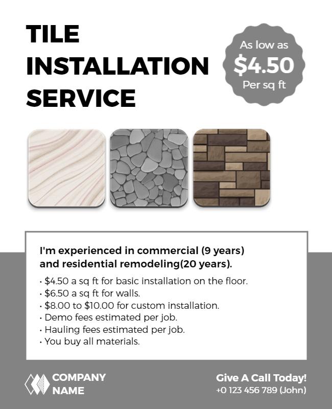 Modern Gray Tile Installation Service Pricing Poster Template